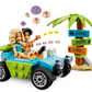 Two LEGO Friends figures in a vibrant car drive past a signpost with directions, question marks above their heads. They're on a quest to find the LEGO® Friends Beach Smoothie Stand from Legos - Toyhouse, where they've heard there's an exciting new play food set waiting to be explored.