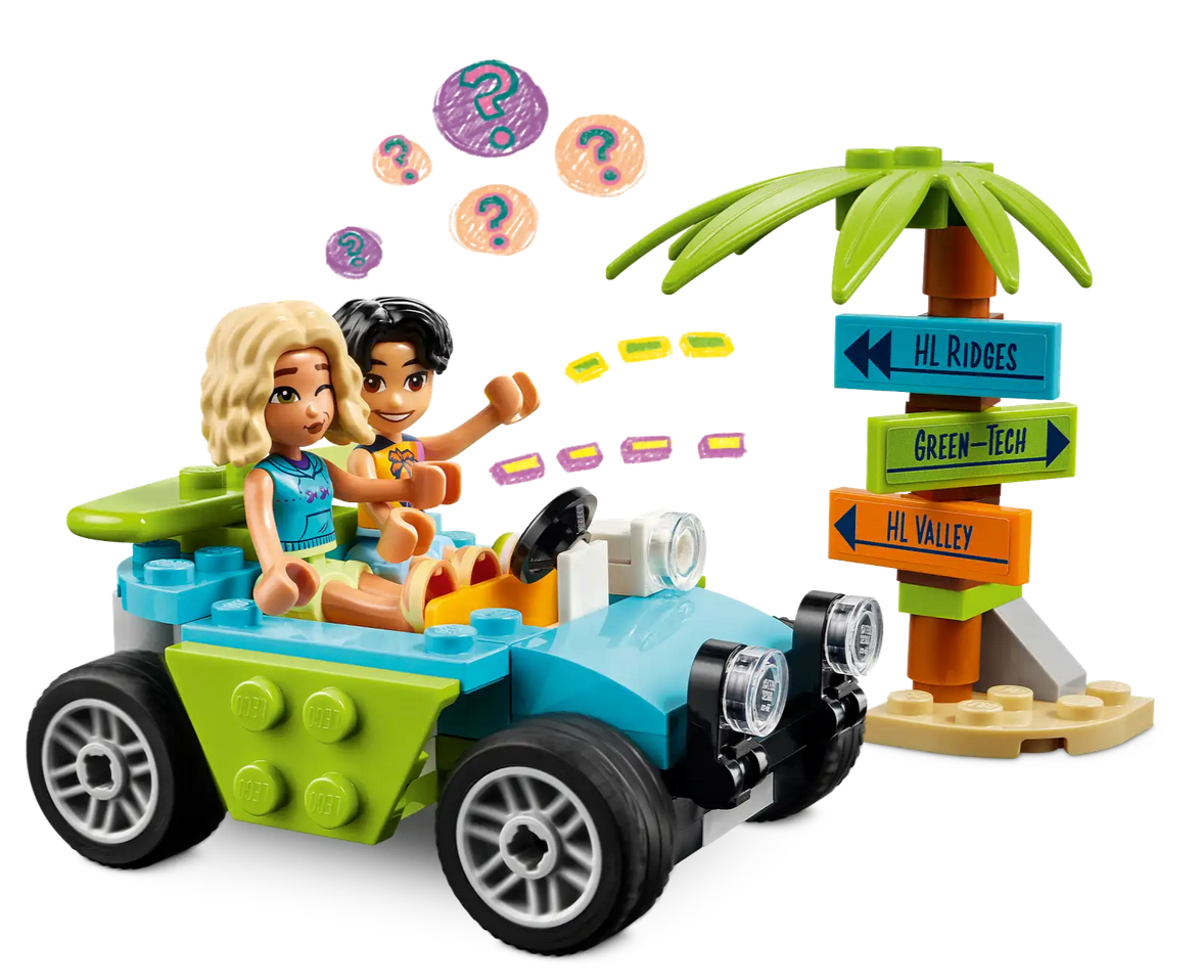 Two LEGO Friends figures in a vibrant car drive past a signpost with directions, question marks above their heads. They're on a quest to find the LEGO® Friends Beach Smoothie Stand from Legos - Toyhouse, where they've heard there's an exciting new play food set waiting to be explored.