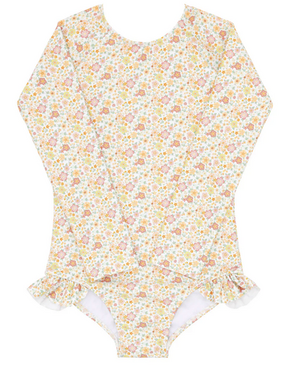 Minnow Girls' Rashguard One Piece, featuring a floral pattern with long sleeves, ruffled leg openings, and a rashguard design, displayed flat on a white background.