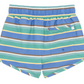 The Minnow Boy's Boardie by Minnow is a pair of striped swim trunks in a boy's style, showcasing a pattern of blue, green, yellow, and gray. These trunks feature an elastic waistband for enhanced comfort and mobility and include a back pocket with a button closure.