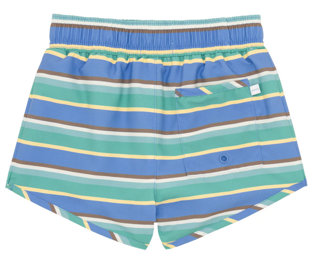 The Minnow Boy's Boardie by Minnow is a pair of striped swim trunks in a boy's style, showcasing a pattern of blue, green, yellow, and gray. These trunks feature an elastic waistband for enhanced comfort and mobility and include a back pocket with a button closure.