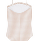 The Minnow Girls Halter One Piece with Tie Knot showcases a beige and white gingham pattern, complete with ruffled trim and adjustable halter ties. Its textured fabric offers a stylish flair, making it an ideal choice for sunny beach days.