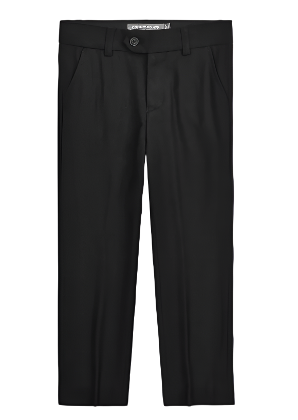 Appaman Boy's Mod Pant by Appaman showcases black dress pants with a slim cut, side pockets, and a button closure, presented on a plain white background. Ideal for any formal occasion.