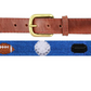 The SMB Children's Sports Belt by Smathers & Branson showcases a blue strap with brown Italian leather accents, a gold buckle, and hand-stitched needlepoint sports balls.