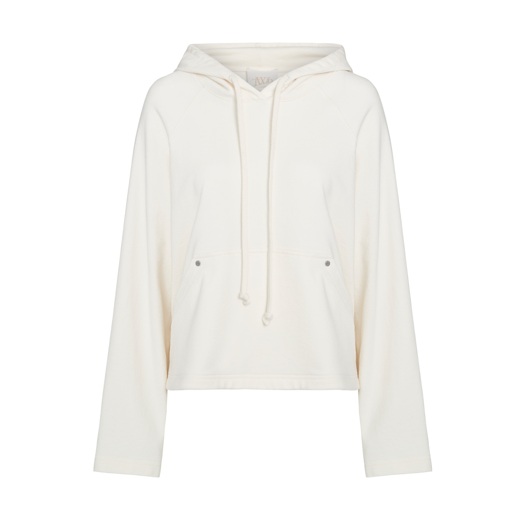 The TWP Ali's Hoodie, designed by TWP, is a relaxed white sweatshirt made from soft French Terry fabric. It features a front pocket and an adjustable drawstring hood, shown on a white background.