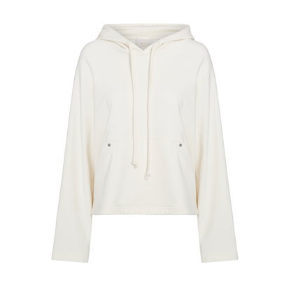 The TWP Ali's Hoodie, designed by TWP, is a relaxed white sweatshirt made from soft French Terry fabric. It features a front pocket and an adjustable drawstring hood, shown on a white background.