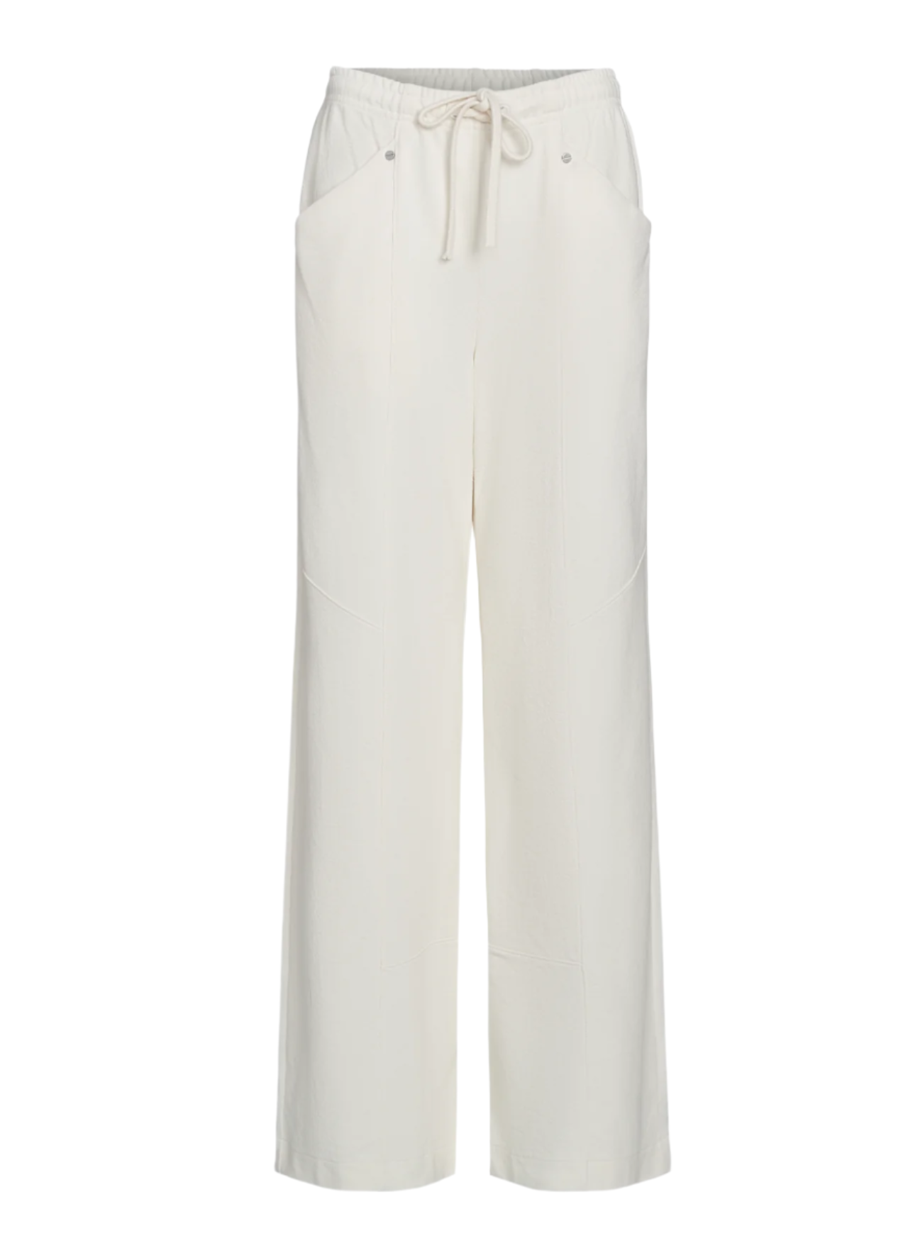 The TWP Saturday Night Pant by TWP is a pair of white wide-leg pants made from luxurious French Terry fabric. These mid-rise sweatpants boast a comfortable elasticated waistband with a drawstring and feature two convenient front pockets.