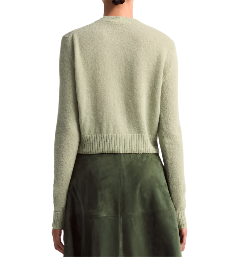 Back view of a person wearing an Altuzarra Thea Sweater in merino wool-blend light green with ribbed edges, paired with a dark green skirt.