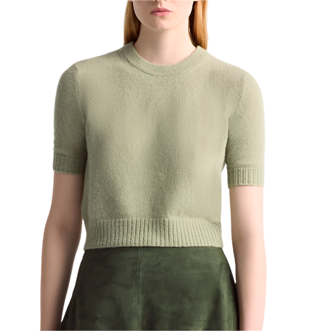 A person is wearing the Altuzarra Ty Sweater, a light green short-sleeve top with a ribbed hem, paired with a dark green skirt. Both items feature a close-fitting silhouette and the entire ensemble is set against a white background.