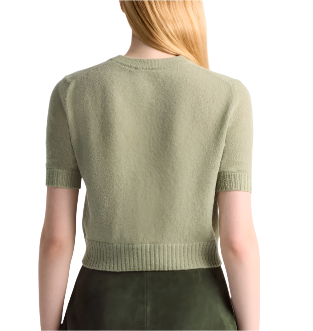 Wearing the Altuzarra Ty Sweater, a person is depicted from behind, showcasing its light green color and close-fitting silhouette. Their long, light-colored hair flows down their back, while the sweater's ribbed hem adds a sophisticated touch to its design.