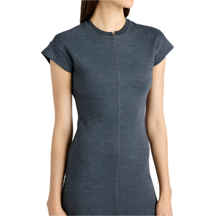 A person wearing the sophisticated Proenza Schouler White Label Melanie Dress in Souffle Cotton, showcasing a fitted, short-sleeved gray design with a central seam and subtle A-line silhouette, stands gracefully against a plain white background.