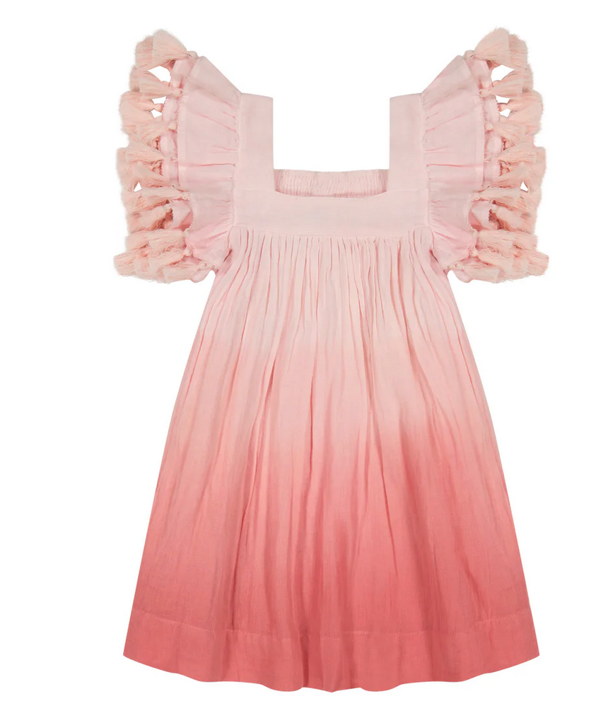 The Mer St Barth Girls Serena Dress is a pink ombre attire with pleated fabric, a square neckline, ruffled sleeves, and whimsical embroidery, ideal for special occasions.