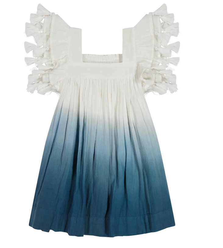 The Mer St Barth Girls Serena Dress by Mer showcases a white and blue ombre design, square neckline, ruffled cap sleeves, and whimsical embroidery, ideal for any special occasion.