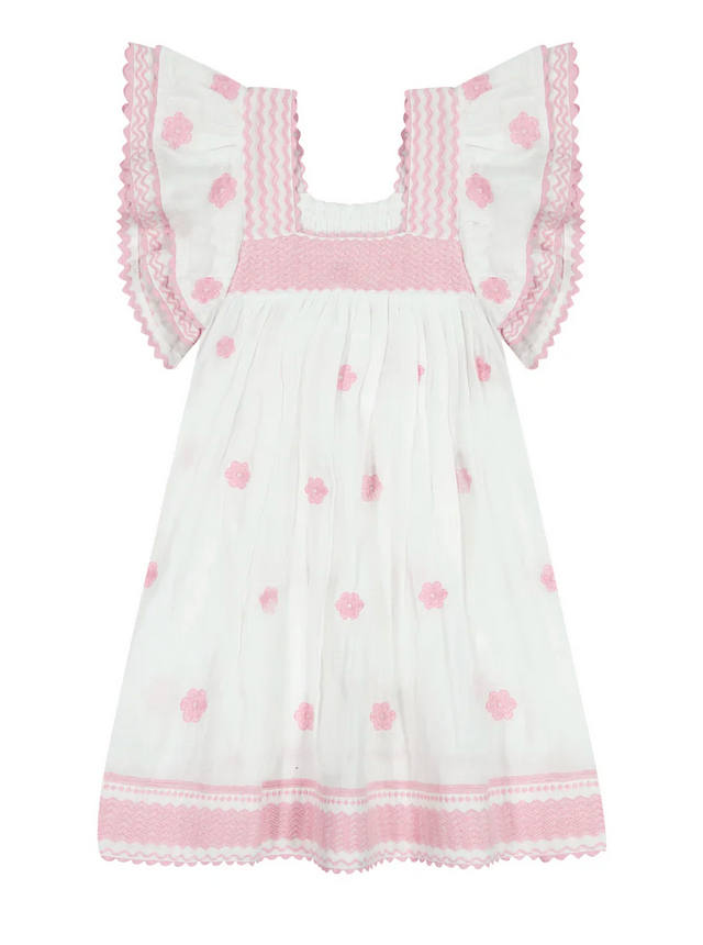 The Mer St Barth Girls Serena Dress by Mer showcases whimsical embroidery with pink floral patterns, ruffled short sleeves, and delicate pink lace trims. Ideal for special occasions, it's a charming wardrobe addition.