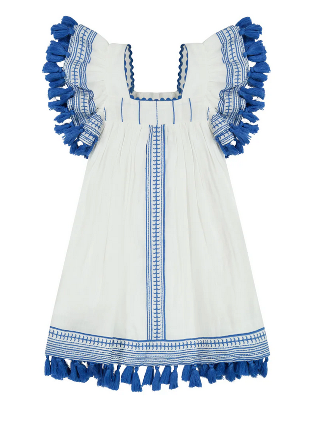 The Mer St. Barth Girls Serena Dress by Mer is ideal for special occasions, featuring whimsical embroidery on a white dress with a square neckline, ruffled sleeves, and charming tassel details along the hem.