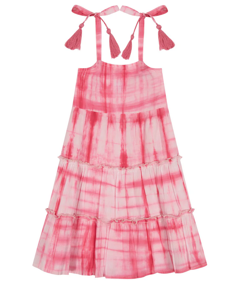 The Mer St Barth Bella Girls' Shoulder Tie Sundress by Mer is a summer classic in pink tie-dye, with tiered layers and playful tassel straps, adding whimsy to your warm-weather wardrobe.