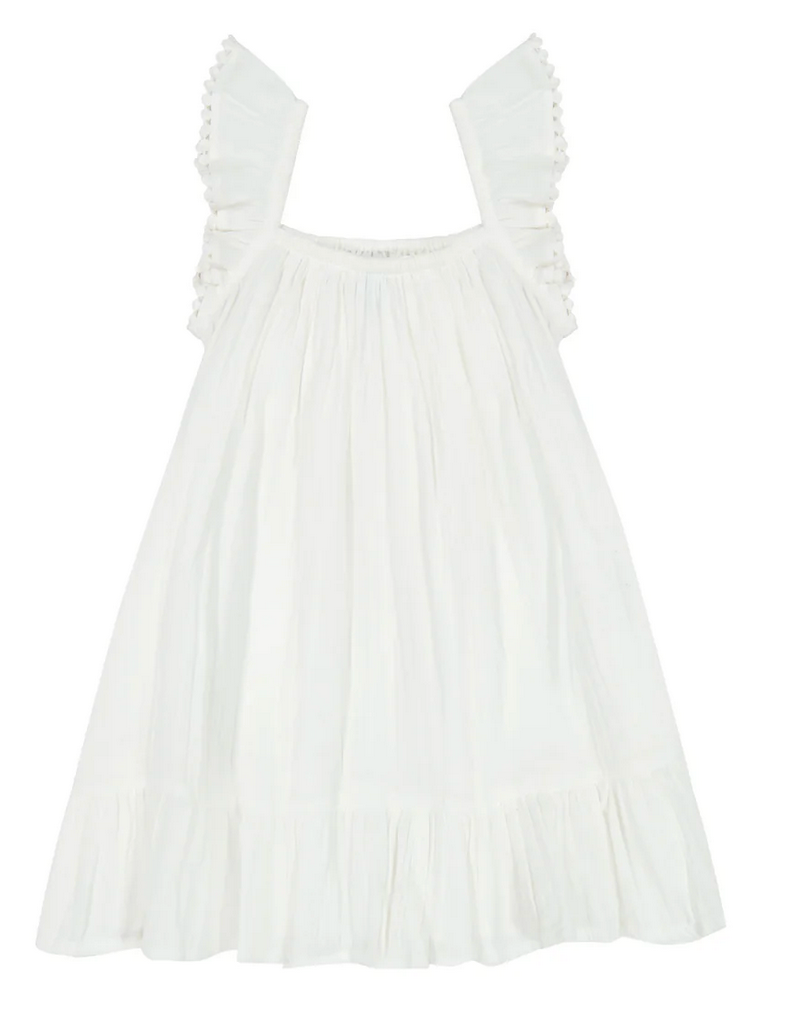 The Mer St Barth Mini Eva Girl's Ruffle Dress by Mer is a charming white, sleeveless dress featuring ruffled straps and a flared silhouette. Made from lightweight cotton gauze, it's designed for comfort and elegance on any occasion.