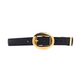The Altuzarra Vintage Brass Buckle Belt, crafted from black Italian leather with an elegant oval-shaped buckle, is displayed flat on a white background.