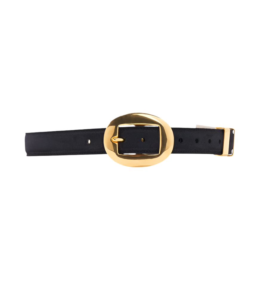The Altuzarra Vintage Brass Buckle Belt, crafted from black Italian leather with an elegant oval-shaped buckle, is displayed flat on a white background.