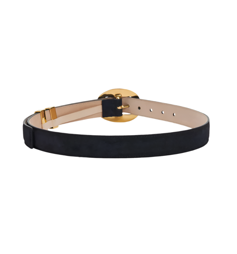 The Altuzarra Vintage Brass Buckle Belt features black Italian suede with an adjustable fit and a vintage brass buckle, shown against a white background.