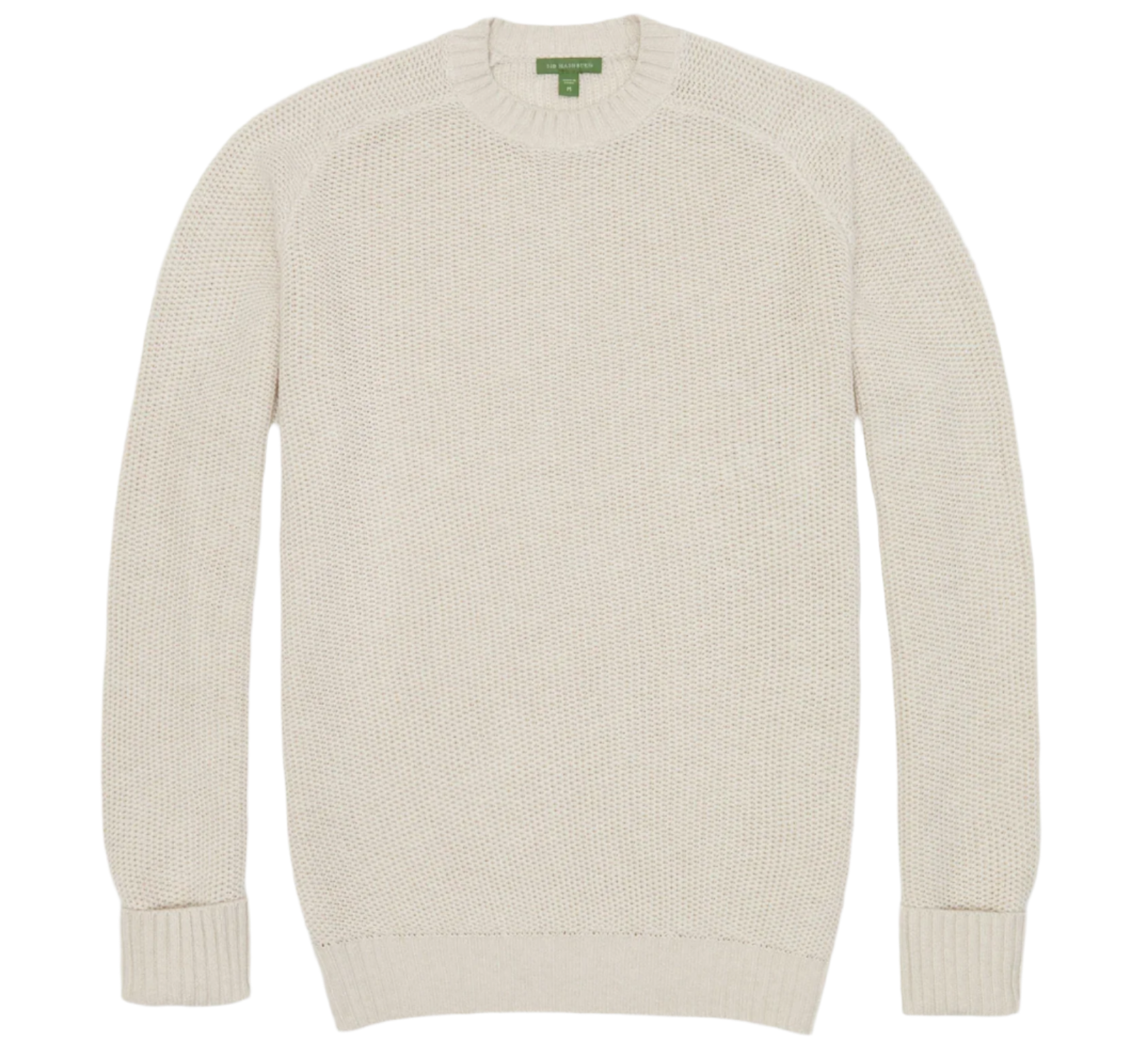 The Sid Mashburn Beach Crewneck, a cream-colored knit sweater with long sleeves, honeycomb stitch, and saddle shoulder design, is showcased against a white background, highlighting its versatile knitwear appeal.