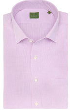 The Sid Mashburn Spread Collar Dress Shirt, crafted from pink tattersall poplin, is neatly folded and buttoned, with the label visible inside the collar.