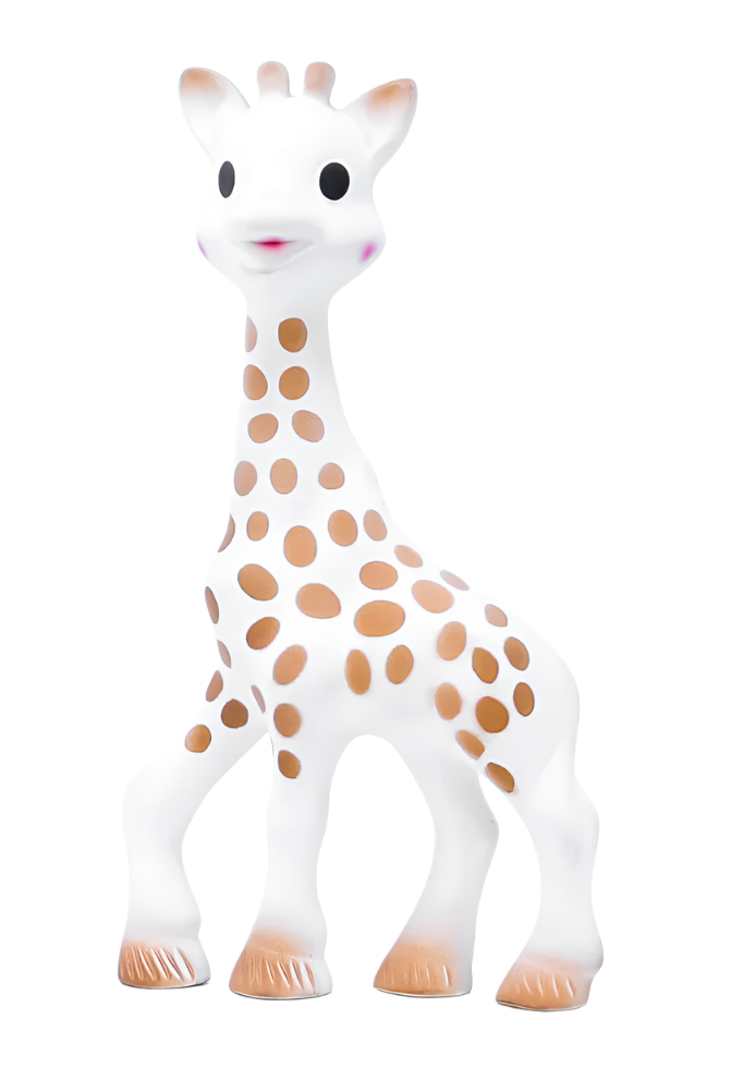 The cherished Sophie la Girafe rubber toy, featuring brown spots and pink cheeks, stands proudly on four legs against a white backdrop. This delightful teether is perfect for entertaining your little one.