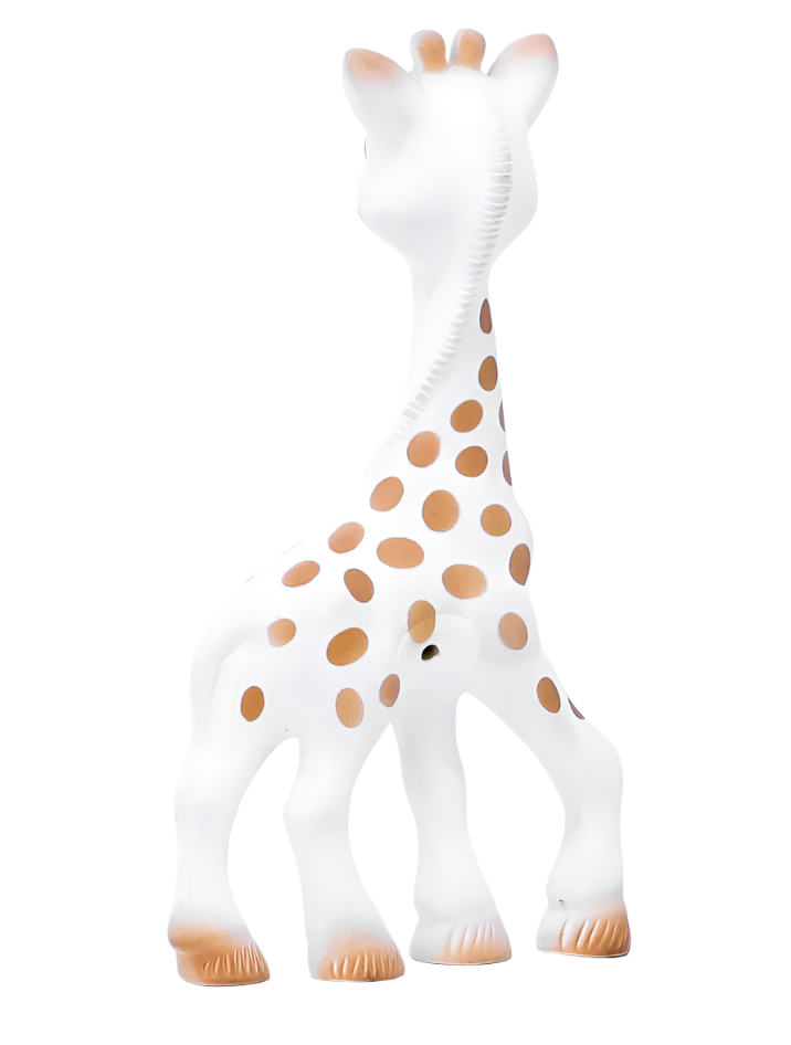 Sophie la Girafe, a cherished white rubber giraffe toy with brown spots, is shown from the back against a white background.