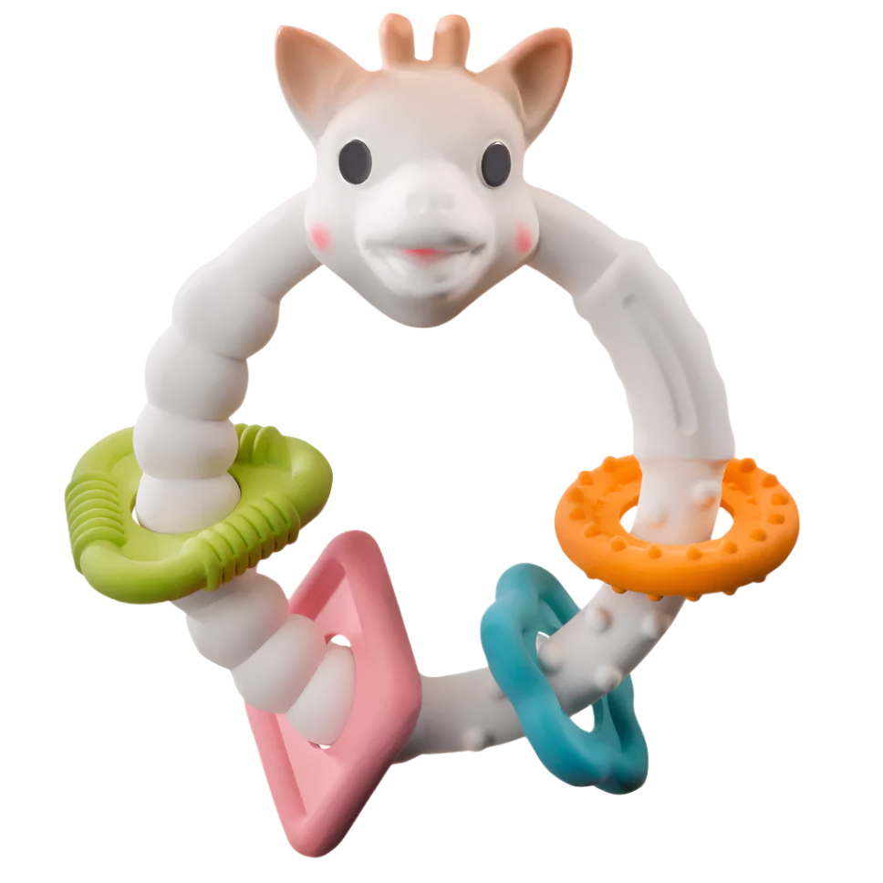 Sophie la Girafe's Teething Colo' Rings is a flexible baby toy with a natural rubber giraffe head and vibrant, textured rings in green, orange, pink, and blue to captivate your baby.