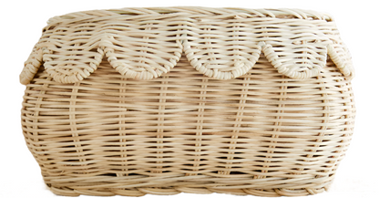 The Bebe Bask Floral Rattan Scallop Basket by Bebe Bask features a decorative scalloped edge and interwoven strands for a textured, natural look, making it perfect for storing nursery essentials.