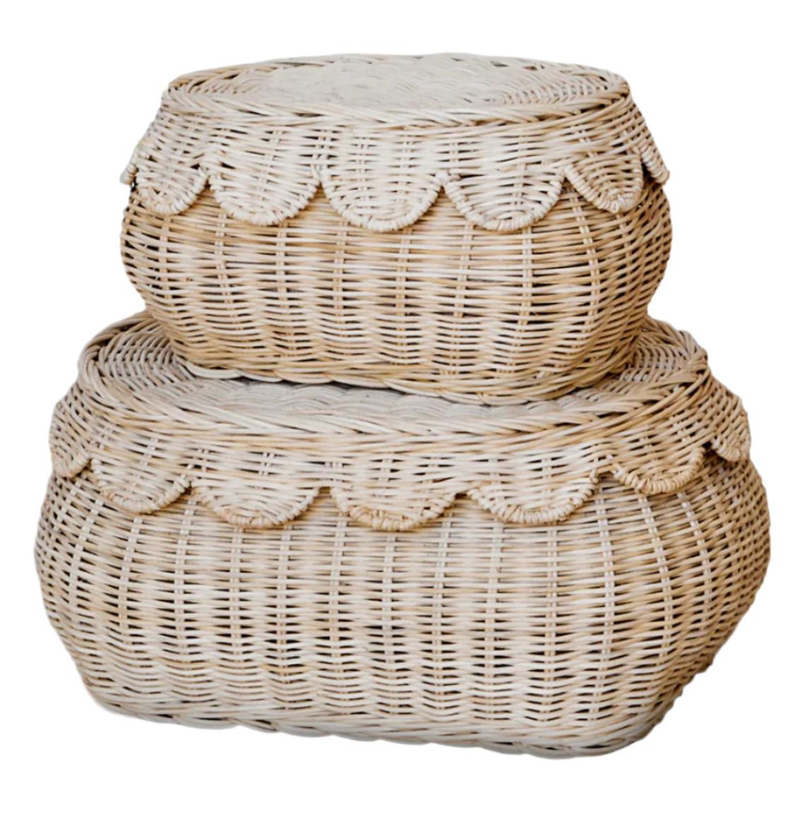 The Bebe Bask Floral Rattan Scallop Basket set, featuring two stacked round wicker baskets with lids and a charming scalloped edge design, makes perfect nursery essentials.