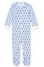 The Lila & Hayes Parker Onesie is made from soft Peruvian cotton, featuring a blue heart pattern on white fabric with long sleeves and a front zipper. Ideal as cozy baby pajamas for comfortable nights.