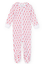 The Lila & Hayes Parker Onesie is a white infant sleeper made from soft Peruvian Pima cotton with a charming red heart pattern, front zipper, and white cuffs, offering cozy comfort for babies.