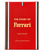 The red leather book "The Story of Ferrari" by Graphic Image explores the thrilling world of motorsport and luxury cars, featuring green and white striped edges.