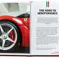 An open book features the wheel of a red sports car on the left page and text about Ferrari's motorsport history on the right, titled "The Road to Independence." Product: The Story Of Ferrari Red Leather by Graphic Image.