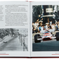 The Story Of Ferrari Red Leather by Graphic Image features an open book with a race car on the right page and a vintage street scene on the left, elegantly exploring Ferrari's storied history and strategic prowess in motorsport as a symbol of luxury and racing excellence.