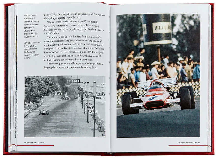 The Story Of Ferrari Red Leather by Graphic Image features an open book with a race car on the right page and a vintage street scene on the left, elegantly exploring Ferrari's storied history and strategic prowess in motorsport as a symbol of luxury and racing excellence.