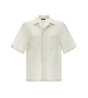 The Herno Summer Linen Camp Shirt is a short-sleeve, cream button-up with a collar, two chest pockets, and a yarn-dyed finish.