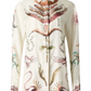 The Chika Top by Altuzarra is a long-sleeved shirt with nature-inspired illustrations and cursive text on a cream background, featuring a relaxed fit and button front closure.
