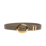 The Altuzarra Vintage Brass Buckle Belt features brown Italian leather, a large oval-shaped vintage brass buckle, and textured gold metal loops, shown against a white background.