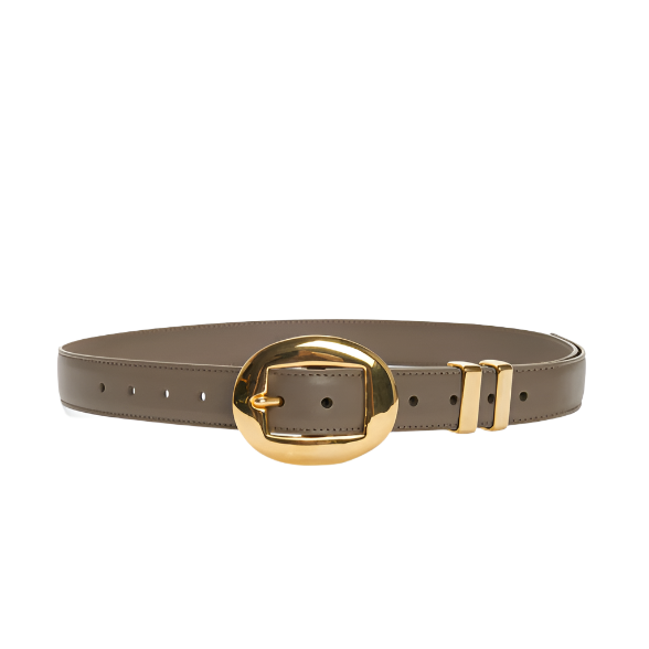 The Altuzarra Vintage Brass Buckle Belt features brown Italian leather, a large oval-shaped vintage brass buckle, and textured gold metal loops, shown against a white background.