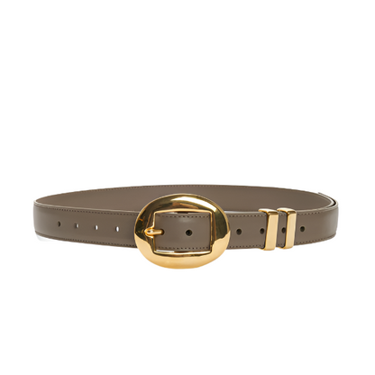 The Altuzarra Vintage Brass Buckle Belt features brown Italian leather, a large oval-shaped vintage brass buckle, and textured gold metal loops, shown against a white background.