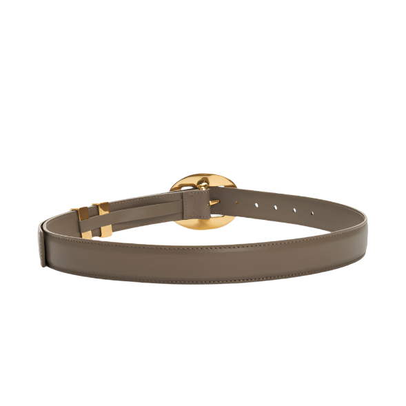 The Altuzarra Vintage Brass Buckle Belt features taupe Italian leather and a vintage brass buckle, showcased elegantly on a white background.