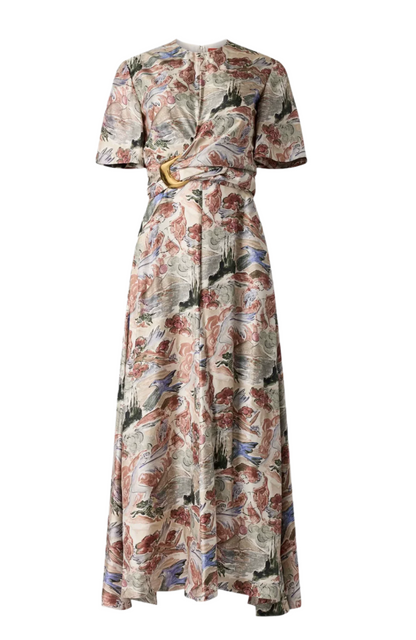 The Honey Dress by Altuzarra is a short-sleeved, ankle-length silk dress with an artistic landscape print in muted tones and a gathered waist detail.