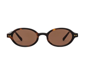 The Elvie Sunglasses by Jimmy Fairly feature an oval-shaped tortoiseshell cellulose acetate frame with brown tinted lenses, shown front-facing on a white background.