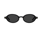 The Elvie Sunglasses by Jimmy Fairly feature a black oval frame, dark lenses, and subtle gold dots on the metal hinge, crafted from premium cellulose acetate and shown against a white background.