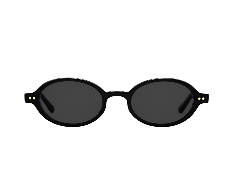 The Elvie Sunglasses by Jimmy Fairly feature a black oval frame, dark lenses, and subtle gold dots on the metal hinge, crafted from premium cellulose acetate and shown against a white background.