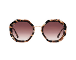 The Angie Sunglasses by Jimmy Fairly feature an octagonal tortoiseshell acetate frame with gradient brown lenses, displayed against a white background.