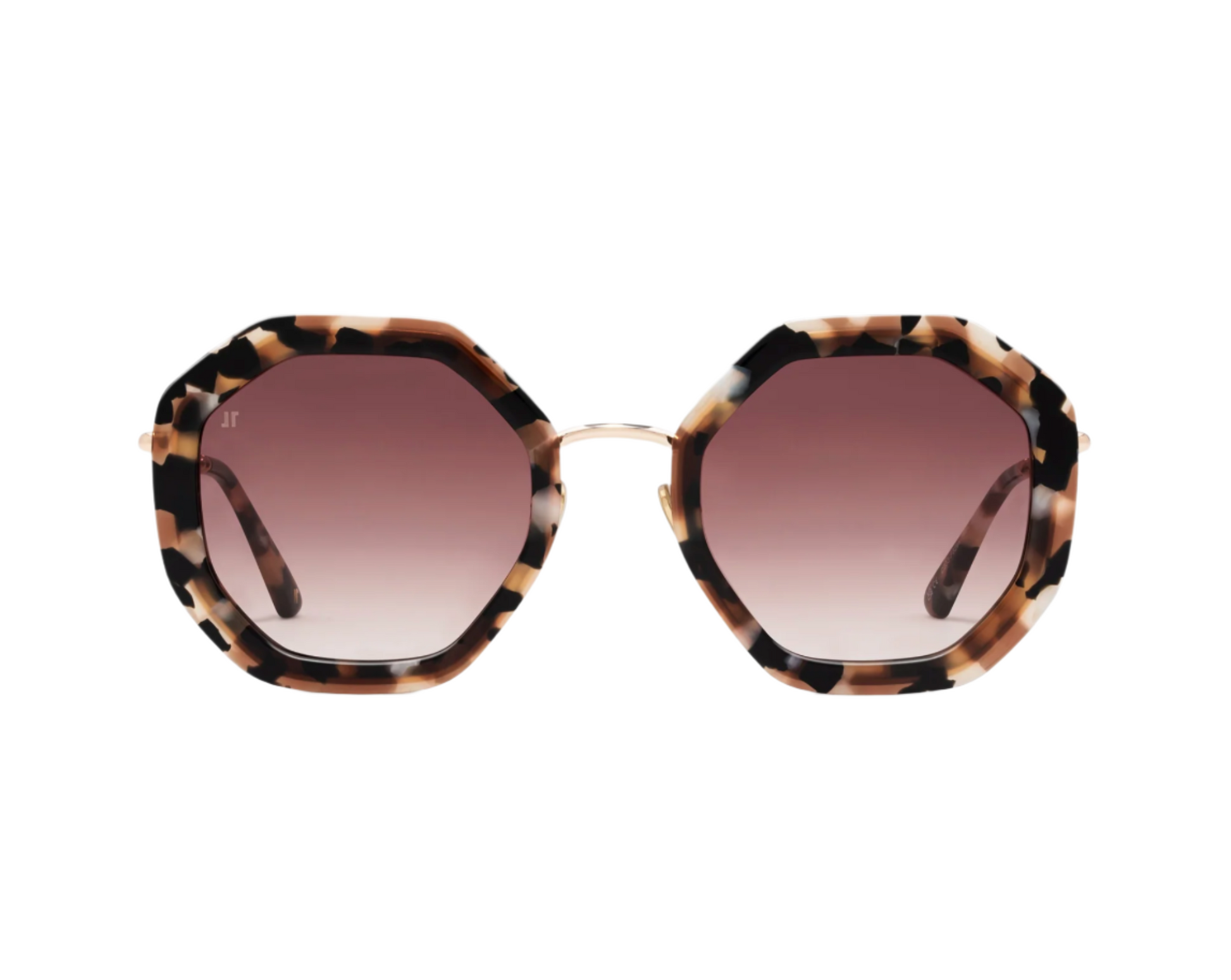 The Angie Sunglasses by Jimmy Fairly feature an octagonal tortoiseshell acetate frame with gradient brown lenses, displayed against a white background.