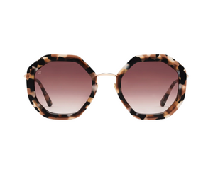 The Angie Sunglasses by Jimmy Fairly feature an octagonal tortoiseshell acetate frame with gradient brown lenses, displayed against a white background.